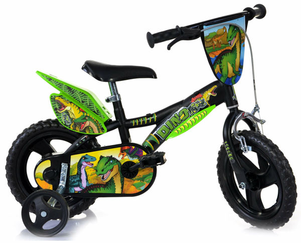 Bild von 12 "Kinderfahrrad Eva 1 Dinosaurier Bremse Schwarz und Grün